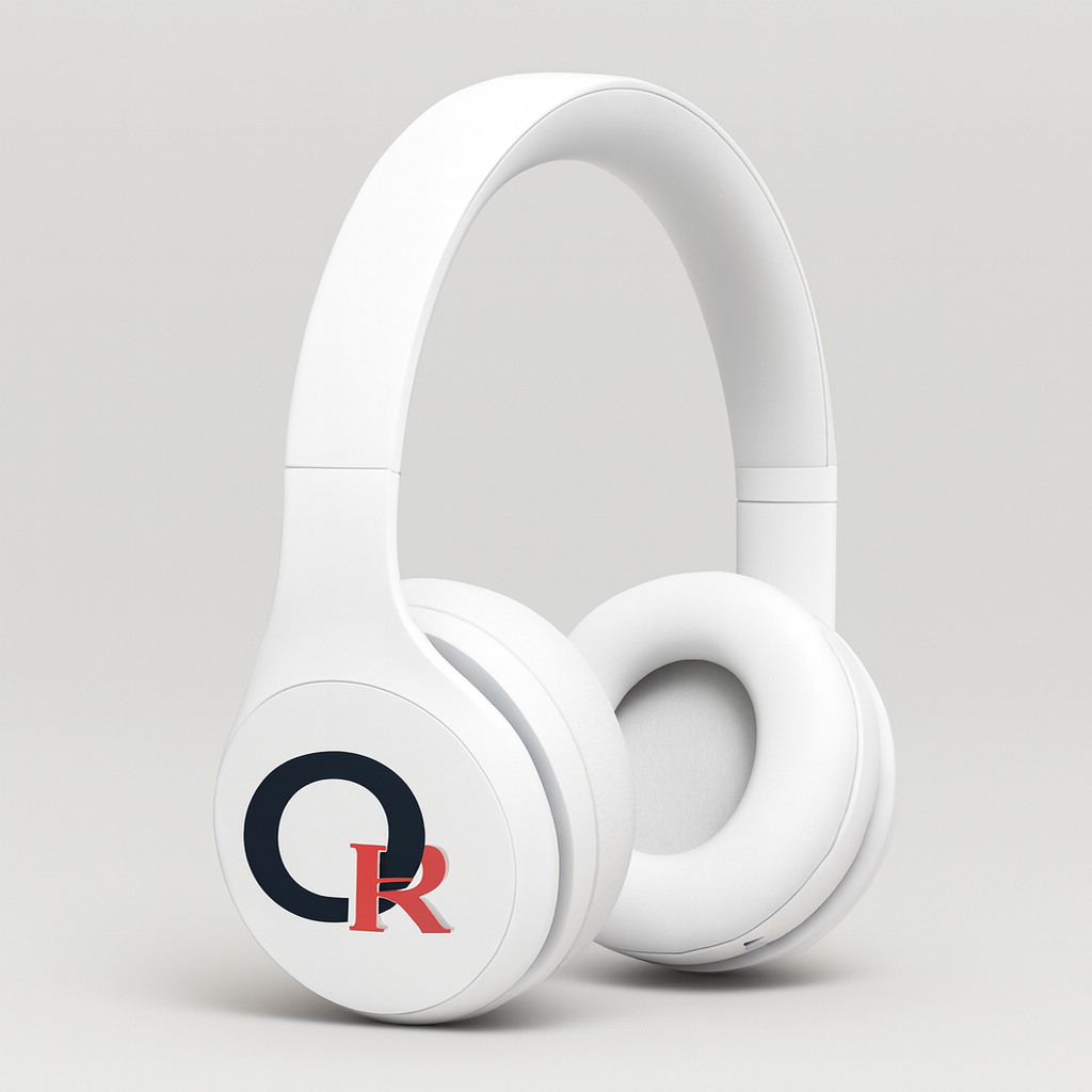 Auriculares inalámbricos blancos con el logo de mi agencia